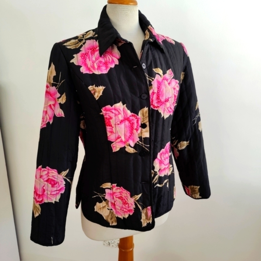 - Vintage Silk Quilted Floral Jacket • Black & Pink • Size Medium